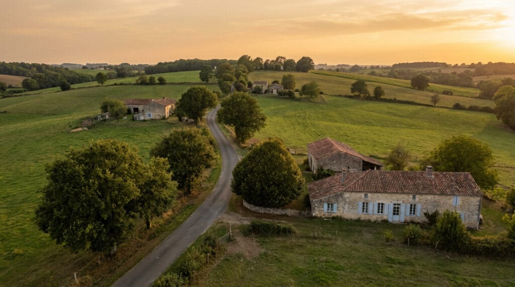 Paysage rural vallonné avec une route sinueuse, des maisons traditionnelles et des arbres, baigné par la lumière du soleil couchant.