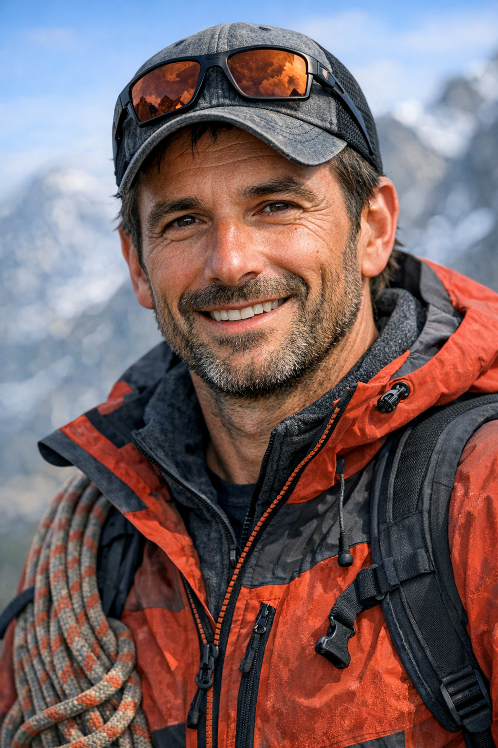 Portrait de Julien Marceau guide de haute montagne en tenue outdoor avec corde d’escalade en montagne
