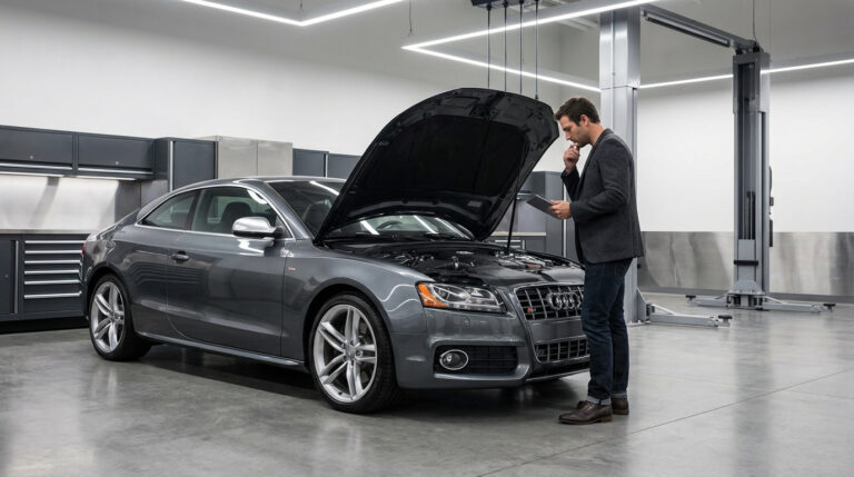 Un homme inspecte une Audi S5 grise capot ouvert dans un garage. Il consulte une tablette pour l'achat d'occasion.