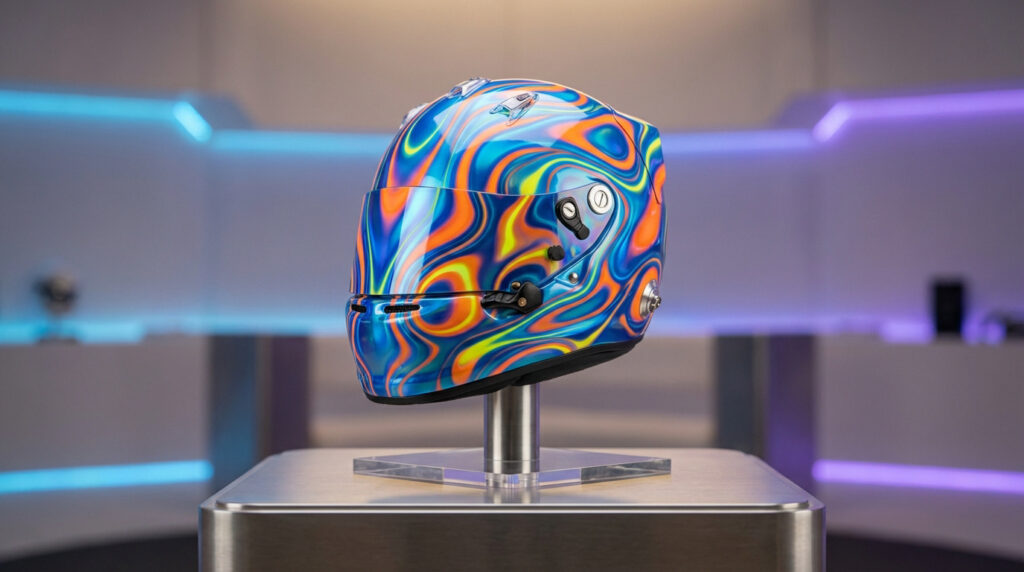Casque de course Lando Norris 2025 avec motif psychédélique bleu, orange, jaune, exposé sur un support dans un décor moderne.