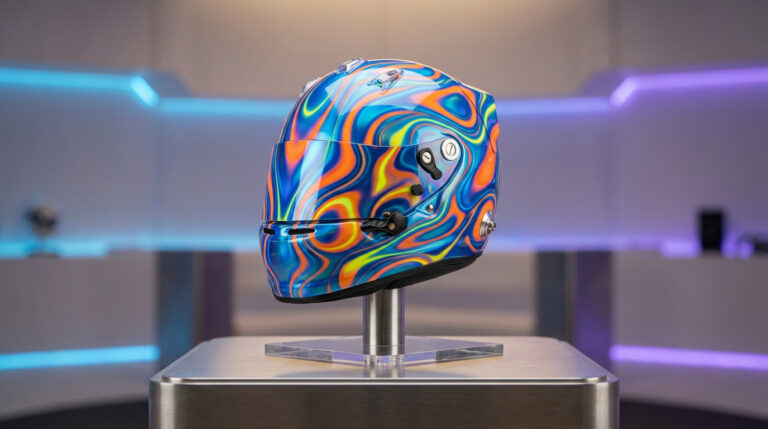Casque de course Lando Norris 2025 avec motif psychédélique bleu, orange, jaune, exposé sur un support dans un décor moderne.