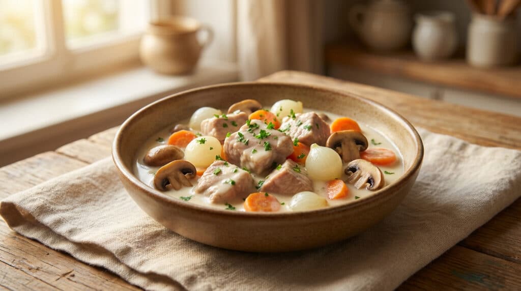 Bol de blanquette de veau aux oignons, carottes et champignons sur une table en bois près d'une fenêtre ensoleillée.