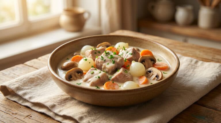 Bol de blanquette de veau aux oignons, carottes et champignons sur une table en bois près d'une fenêtre ensoleillée.
