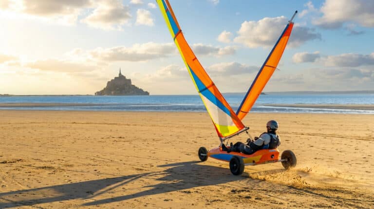 Un char à voile coloré glisse sur le sable de Cherrueix, avec le Mont Saint-Michel en arrière-plan sous un ciel lumineux.