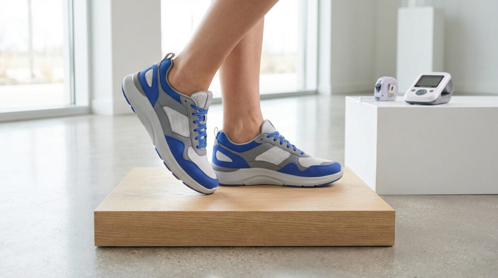Gros plan sur des jambes portant des baskets bleues et grises sur une plateforme en bois. Appareils de mesure et fenêtre lumineuse.