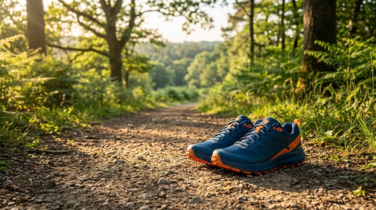 Une paire de chaussures de trail bleues et oranges posées sur un chemin de terre à travers une forêt verdoyante, éclairée par le soleil.