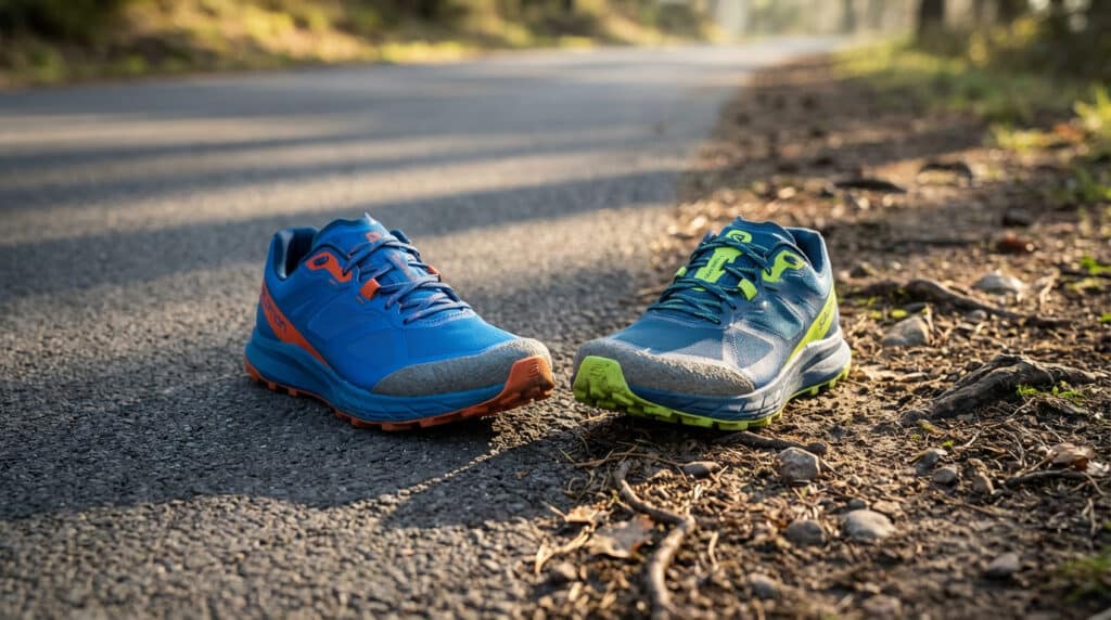 Deux chaussures de trail-running Salomon hybrides (bleu/orange et bleu/vert) posées entre route goudronnée et sentier forestier.