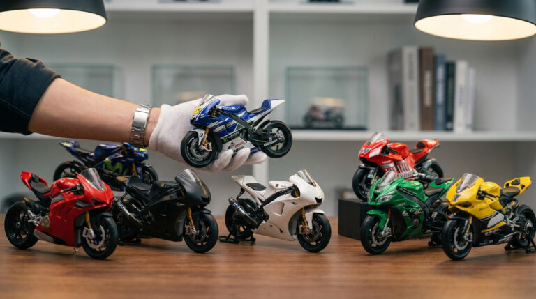 Vue d'ensemble d'une collection de motos miniatures réalistes. Une main gantée présente un modèle MotoGP bleu et blanc au milieu d'autres modèles colorés.