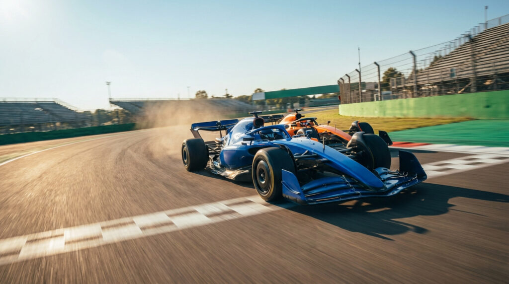 Deux F1, une bleue en tête et une orange derrière, foncent sur un circuit, levant de la poussière. Tribunes visibles.