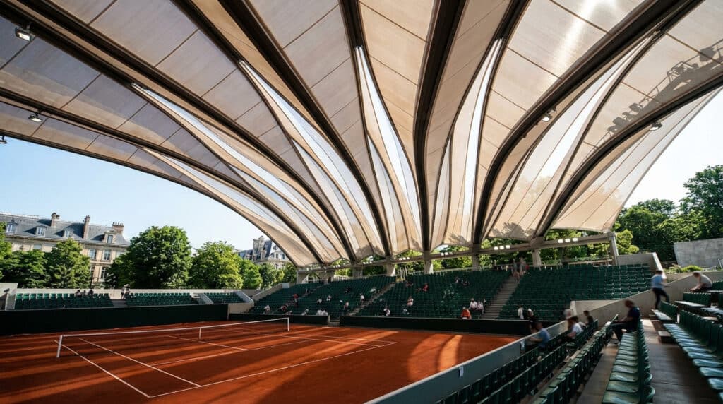 Vue panoramique du court Suzanne Lenglen avec son toit rétractable, la terre battue et les tribunes vertes à Roland-Garros.