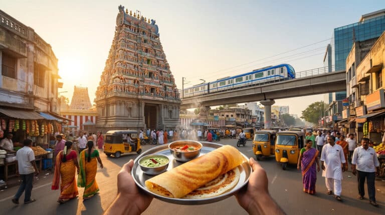 Des mains tiennent un dosa et ses accompagnements devant un temple indien, une rue animée avec rickshaws et un métro aérien à Chennai.