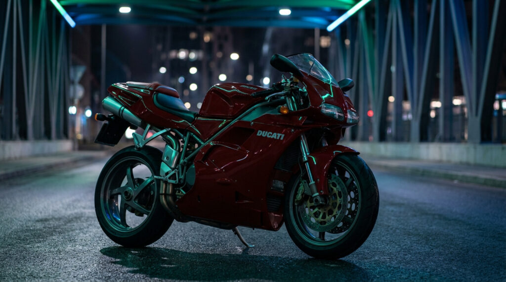 Moto Ducati Matrix rouge rutilante, stationnée de nuit sur une rue mouillée. Des néons verts et bleus illuminent l'arrière-plan urbain et un pont.