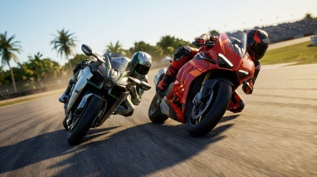 Deux motos de course, une rouge et une noire/verte, en pleine action sur une piste, avec des palmiers et des spectateurs.