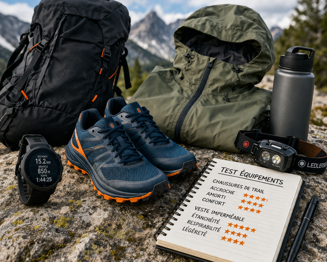 equipements outdoor test terrain chaussures trail sac a dos veste impermeable montre sport