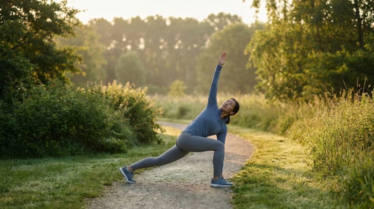 Femme pratiquant un étirement dynamique (fente avec bras levé) sur un chemin de terre, entourée de végétation luxuriante au lever du soleil.