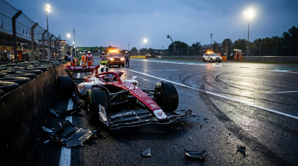 Une monoplace F1 Alfa Romeo rouge et blanche gravement accidentée sur une piste mouillée au crépuscule, avec des débris et des commissaires de piste à l'arrière.