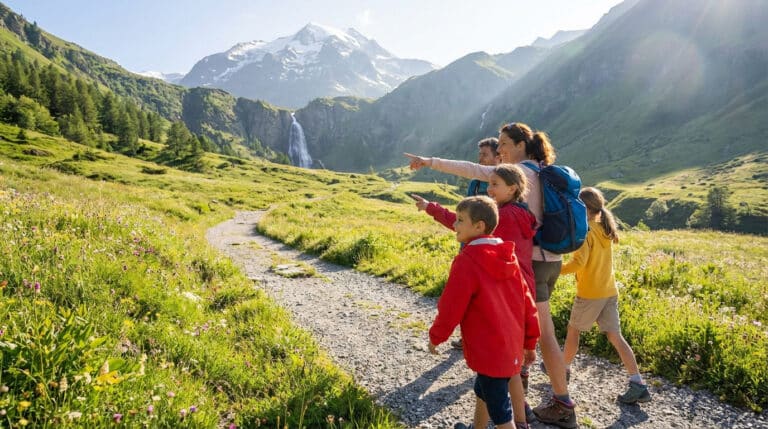 Famille de cinq personnes en randonnée sur un sentier de montagne, admirant une cascade et des sommets enneigés sous le soleil.