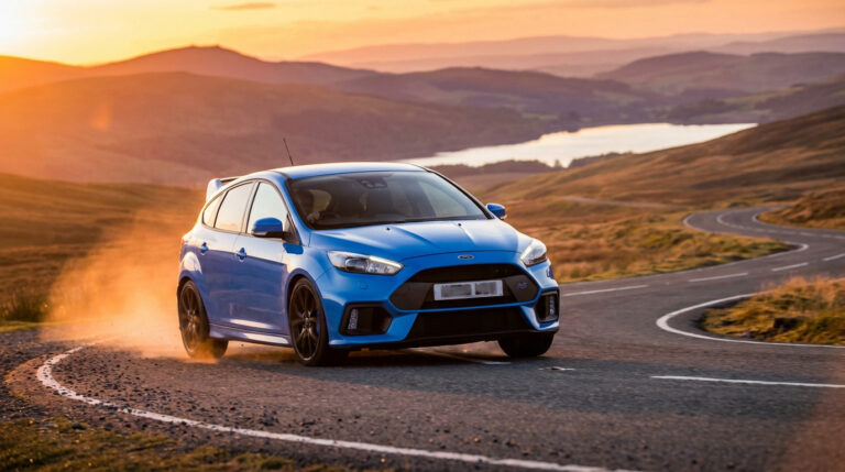 Ford Focus RS bleue en pleine glisse sur une route sinueuse de montagne, un nuage de poussière s'échappant sous un soleil couchant.