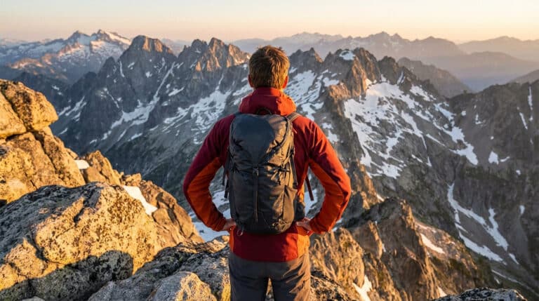Vue arrière d'un randonneur en veste rouge et sac à dos noir, contemplant un panorama de montagnes enneigées au lever du soleil.