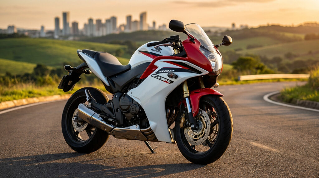 Moto sportive Honda CBR 600F blanche et rouge sur route sinueuse au coucher du soleil, ville et collines en arrière-plan.