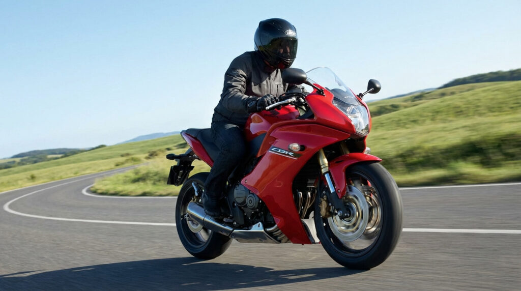 Un pilote en casque et blouson foncé sur une moto Honda CBR600F rouge roule sur une route sinueuse en pleine nature.