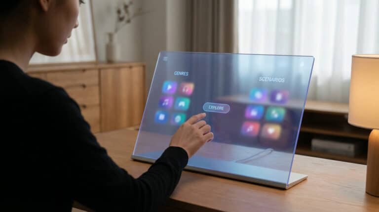 Une femme interagit avec un écran transparent affichant des options de vidéos ("GENRES", "SCENARIOS", "EXPLORE") sur un bureau en bois.