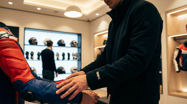 Un vendeur ajuste une combinaison de moto Alpinestars sur un client dans une boutique spécialisée, entouré de casques et gants.