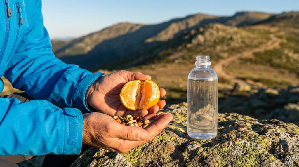 Personne en veste bleue tenant une mandarine et un mélange de fruits secs, avec une bouteille d'eau, en montagne.