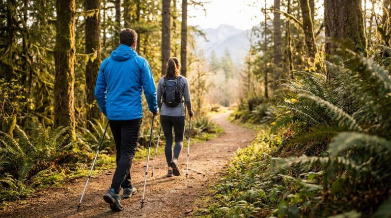 Deux personnes de dos pratiquent la marche nordique sur un sentier forestier ensoleillé. Fougères, arbres moussus et montagnes à l'horizon.