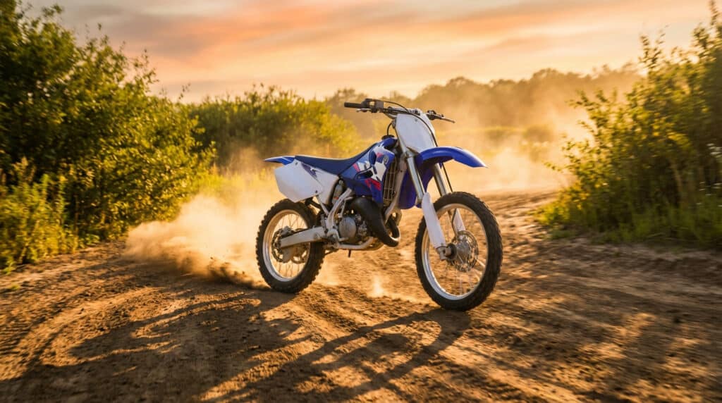Moto cross Yamaha 125 YZ bleue et blanche sur un chemin de terre poussiéreux au soleil couchant, avec un nuage de poussière.