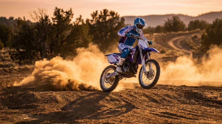 Pilote de motocross sur Yamaha YZ 1994 bleue et blanche, dérapant et soulevant un nuage de poussière au soleil couchant.