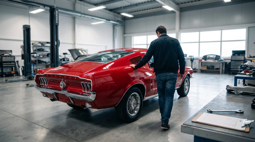 Un homme examine une Ford Mustang 67 Fastback rouge brillante dans un garage. Il pose sa main sur la carrosserie.