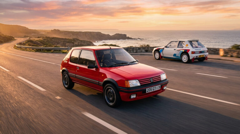 Une Peugeot 205 GTi rouge et une 205 T16 de rallye blanche roulent sur une route côtière au coucher du soleil.