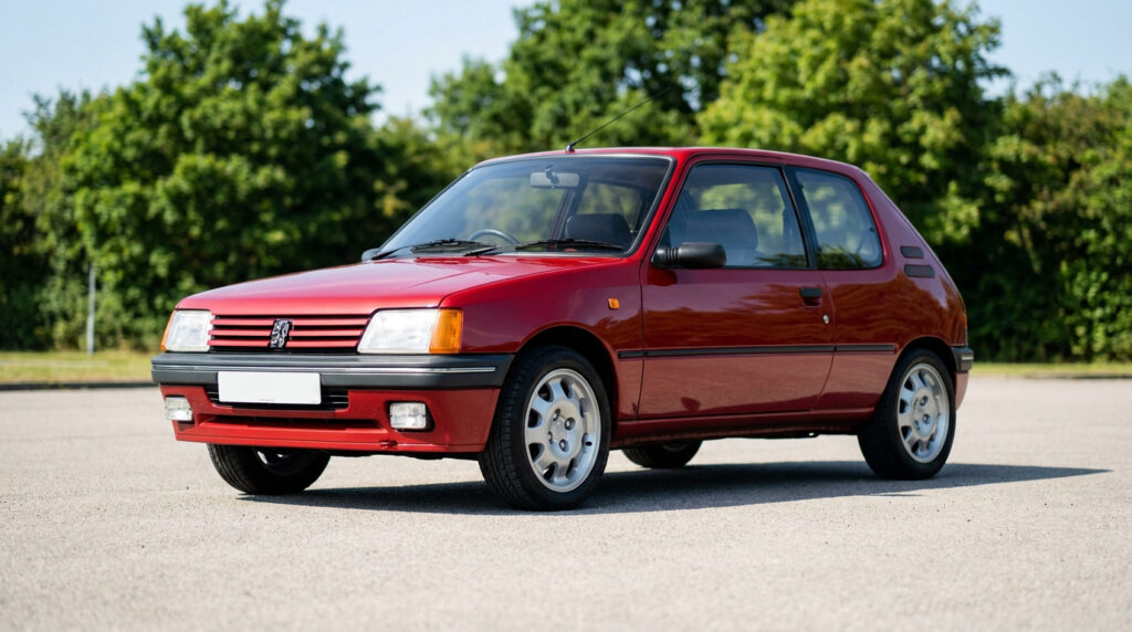 Peugeot 205 GTI rouge impeccable, garée sur asphalte avec des arbres verts en arrière-plan. Vue 3/4 avant.