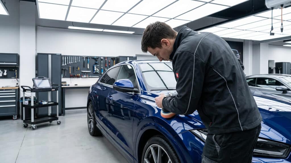 Un préparateur automobile poli méticuleusement une voiture bleue foncée avec une polisseuse dans un atelier moderne et bien équipé.