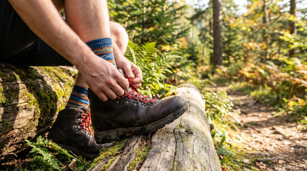 Gros plan sur les mains d'un randonneur lacant ses bottes marron aux lacets rouges, assis sur un tronc moussus en forêt.