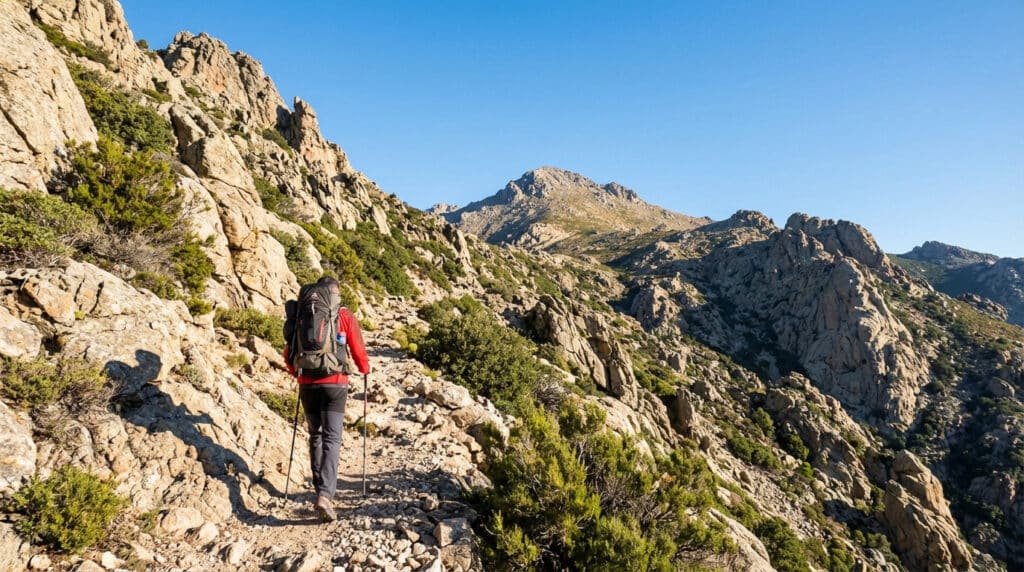 Randonneur avec sac à dos et bâtons, de dos, sur un sentier rocheux en montagne sous un ciel bleu clair.