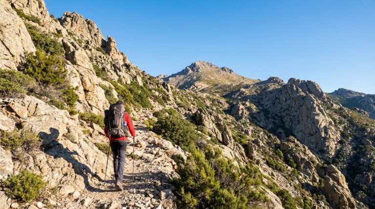Randonneur avec sac à dos et bâtons, de dos, sur un sentier rocheux en montagne sous un ciel bleu clair.