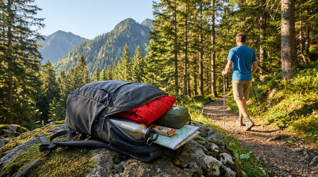Sac à dos de rando ouvert sur un rocher : carte, gourde, trousse de secours. Un marcheur avec bâtons s'éloigne sur sentier forestier.