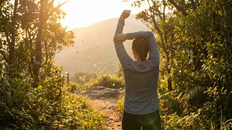 Vue de dos d'une personne s'étirant au lever du soleil sur un sentier boisé. Lumière dorée et végétation luxuriante.