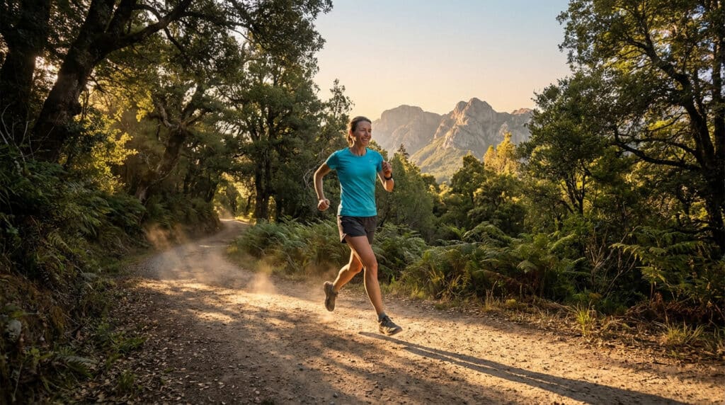 Une femme souriante en tenue de sport (t-shirt bleu, short) court sur un sentier boisé. Des montagnes s'élèvent au loin sous un ciel clair.