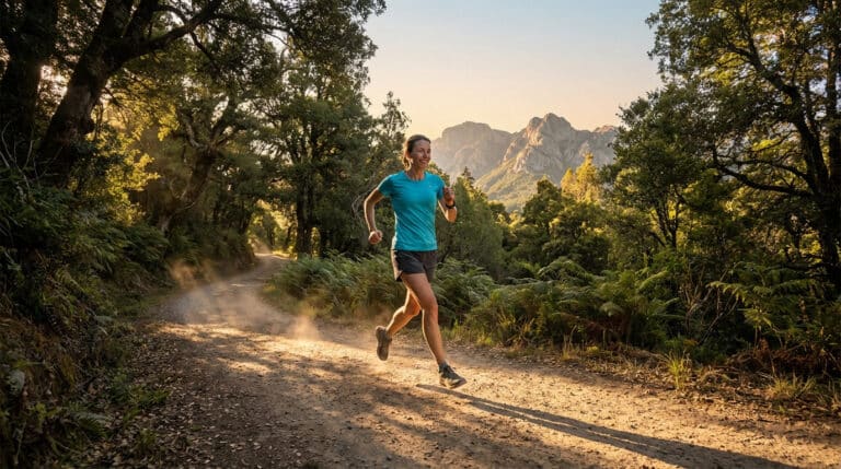 Une femme souriante en tenue de sport (t-shirt bleu, short) court sur un sentier boisé. Des montagnes s'élèvent au loin sous un ciel clair.