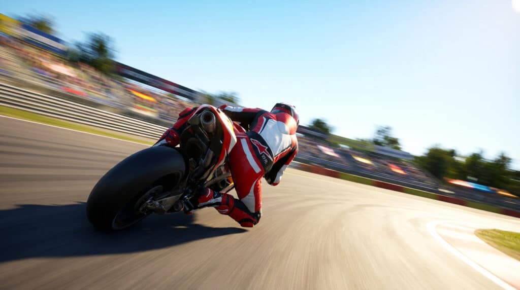 Un pilote MotoGP en combinaison rouge et blanche prend un virage serré sur une piste de course, les tribunes floues en arrière-plan.