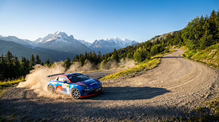 Alpine de rallye bleue et rouge soulevant la poussière sur une route de montagne sinueuse, avec les majestueuses Alpes enneigées en fond.
