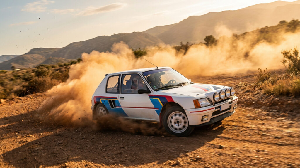 Voiture de rallye Peugeot 205 T16 blanche à rayures colorées, dérapant sur une piste en terre, un nuage de poussière derrière elle.