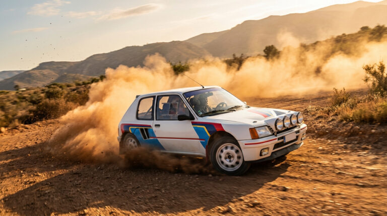 Voiture de rallye Peugeot 205 T16 blanche à rayures colorées, dérapant sur une piste en terre, un nuage de poussière derrière elle.